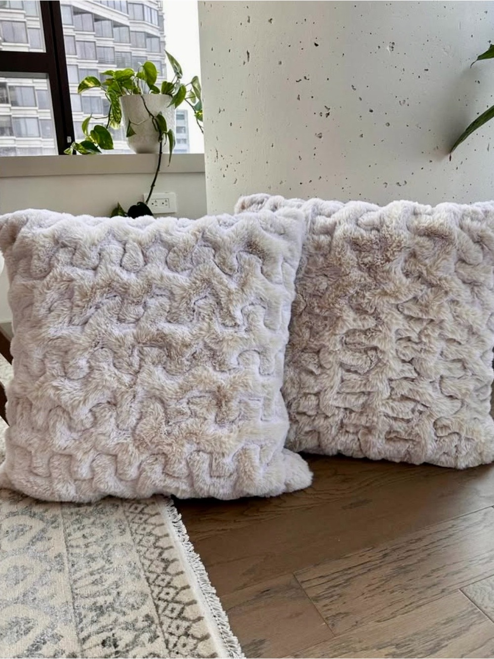 Anthropologie Plush Textured Faux Fur Throw Pillows in Pearl color